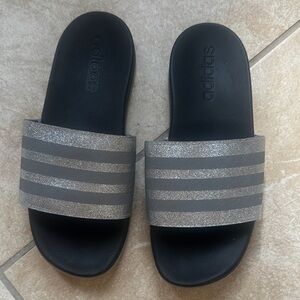 Adidas Black Slides with Glittery Silver Stripes size 3